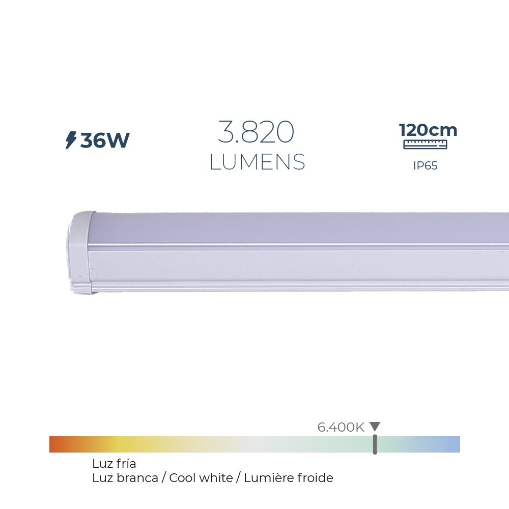 Régua LED 36 W 6.400 K LUZ fria 3.820 LM 120 x 4,6 x 5,1 cm