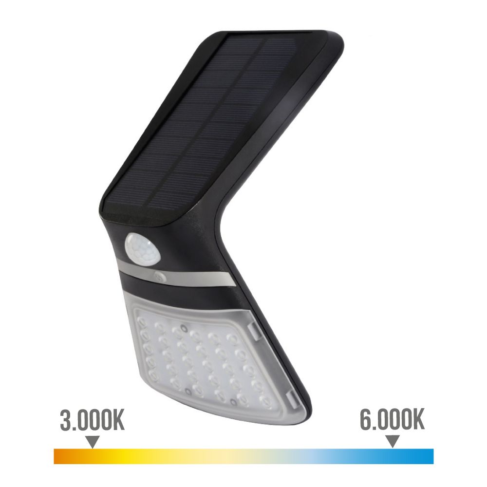 Candeeiro de parede solar 3,5W 430lm sensor de presença recarregável (2-8m) COR preto 10,5x13cm EDM