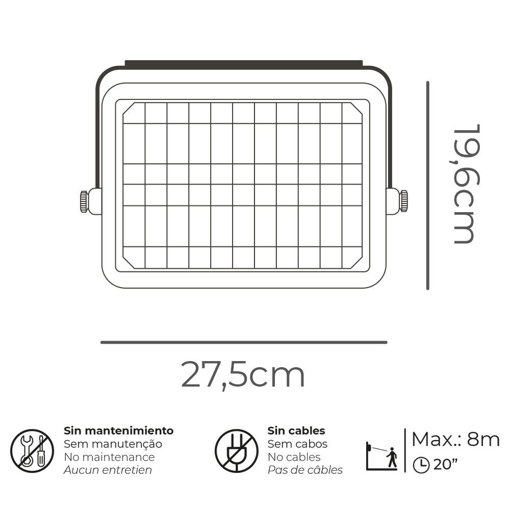 Candeeiro de parede solar 10W 1150lm recarregável. sensor de presença (2-8m) COR preta 27,5X19,6cm EDM - Image 15