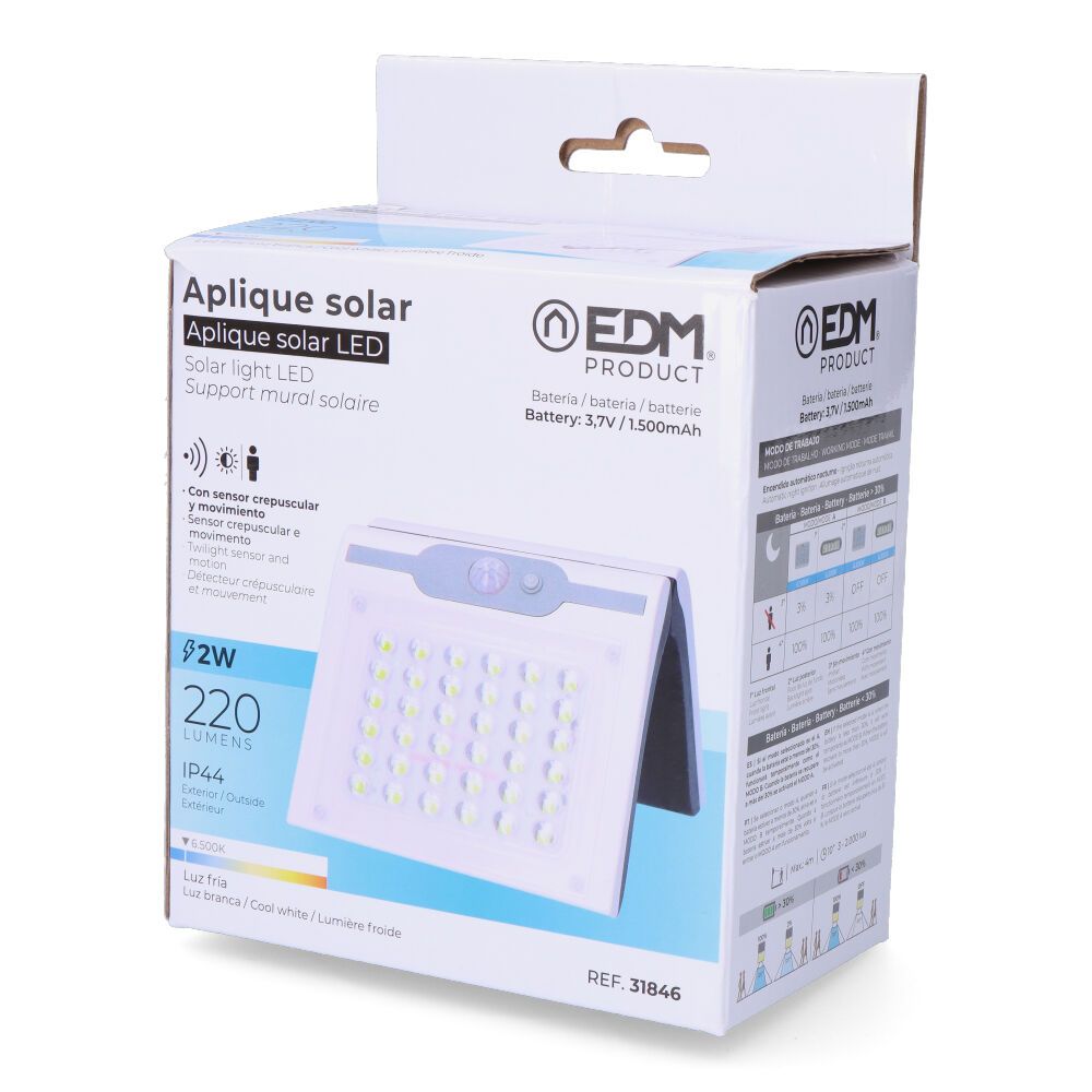 Candeeiro de parede solar 2W 220Lm 6.500k com sensor COR branco EDM - Image 5