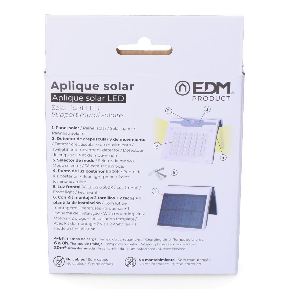 Candeeiro de parede solar 2W 220Lm 6.500k com sensor COR branco EDM - Image 7