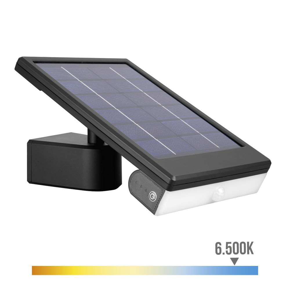 Candeeiro de parede solar LED 6W 720lm 6.500K com sensor de crepúsculo e de movimento. ponto de LUZ removível. COR preta. EDM