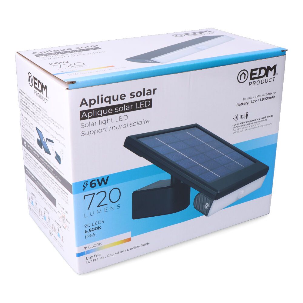 Candeeiro de parede solar LED 6W 720lm 6.500K com sensor de crepúsculo e de movimento. ponto de LUZ removível. COR preta. EDM - Image 6