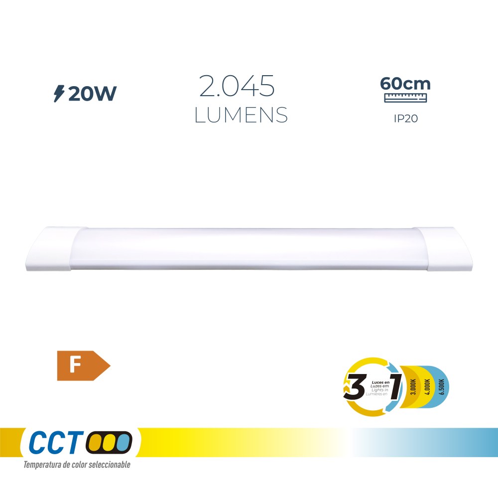 EDM Armadura LED 20 W Temperatura de Luz Variável 6500 K / 4000 K / 3000 K, 3CCT, 2045 lm, 60x2,6x7,4 cm