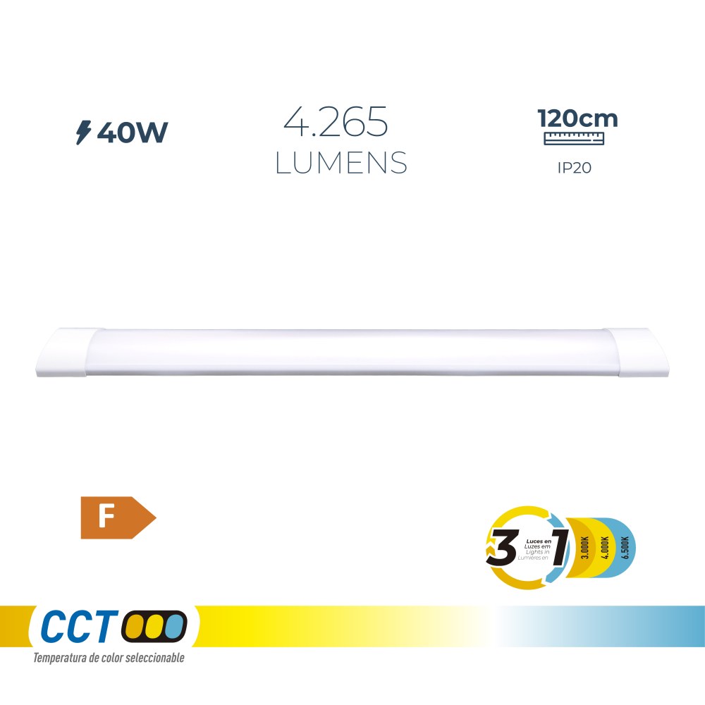 Armadura LED 40 w temperatura de luz variável 6500 k / 4000 k / 3000 k, 3cct, 4265 lm, 120 x 2,6 x 7,4 cm