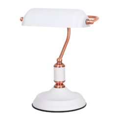 Candeeiro de mesa, E27, tipo banqueiro, branco+cobre, base Ø185 mm, 260 x 195 x 345 mm