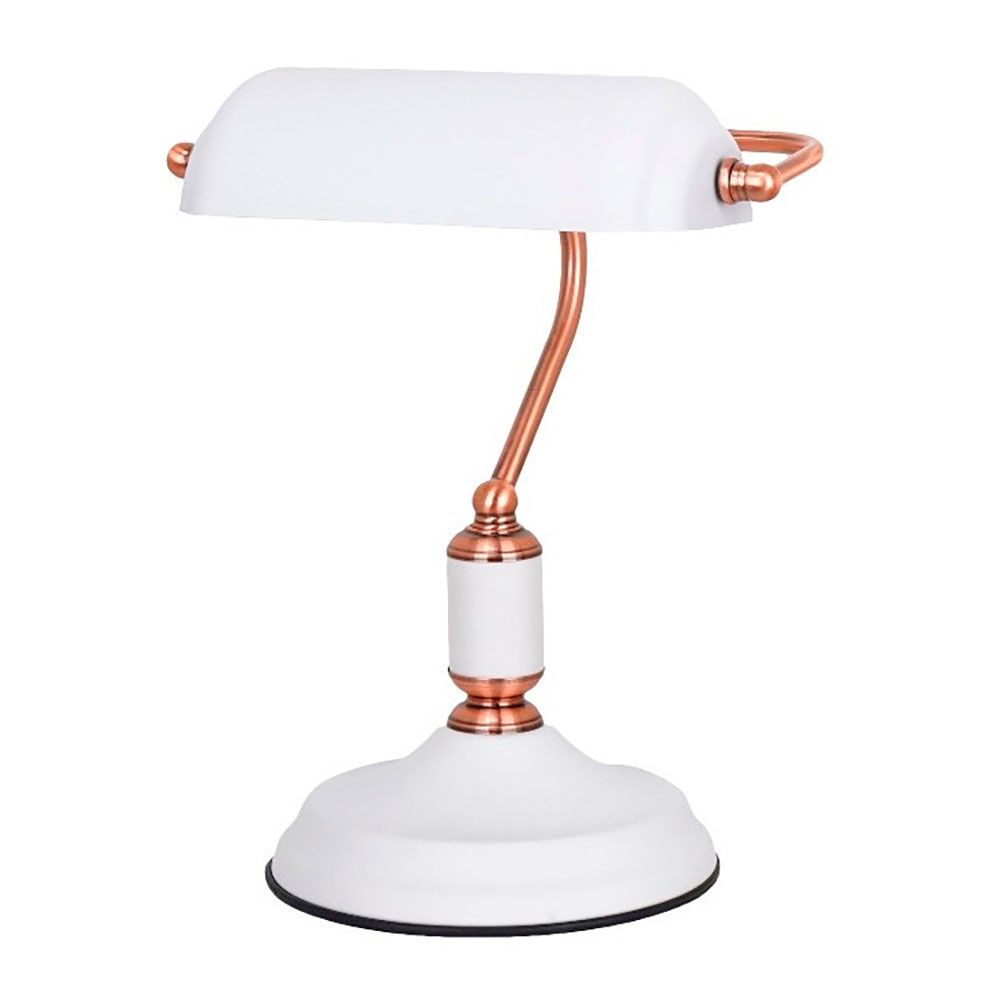 Candeeiro de mesa, E27, tipo banqueiro, branco+cobre, base Ø185 mm, 260 x 195 x 345 mm