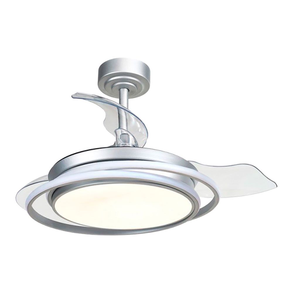 Ventoinha de teto LED 3 pás retráteis antila mini 40W 4000lm prateada, pás Ø92 cm, aplique Ø40 cm, altura 38 - 48 cm