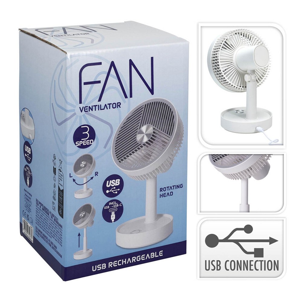 Ventilador de mesa recarregável, branco e cinzento, 3 velocidades, Ø135 x 270 mm - Image 2