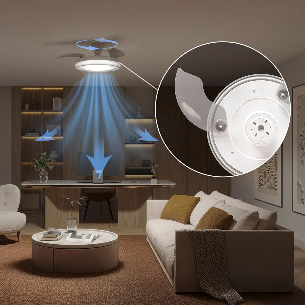 Ventilador de teto com pás retráteis, LED 3 CCT, motor DC 28 W + LED 35 W, modelo bliss, branco / estrelado, Ø106 cm - Image 4