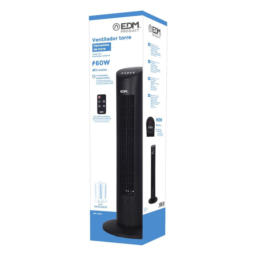 EDM Ventilador de torre. potência: 60 w, 54,8 db, controle remoto, preto 28 x 78,3 cm - Image 3