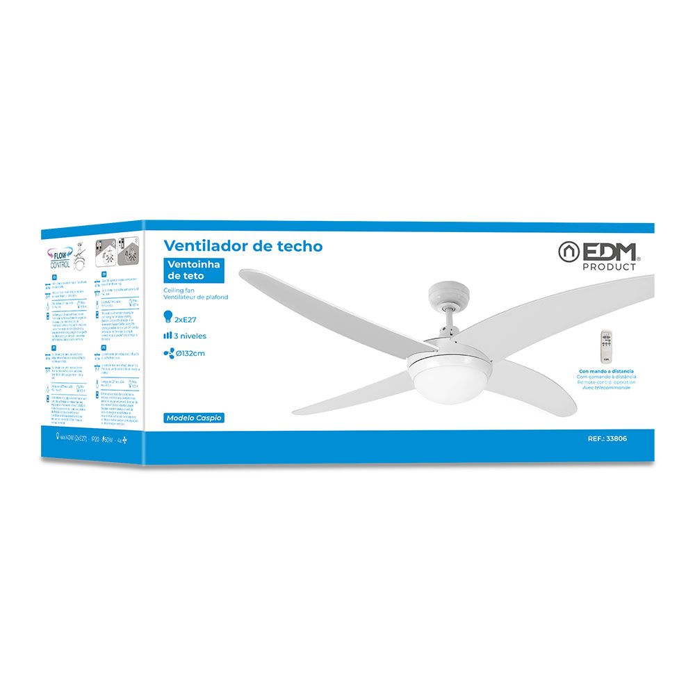Ventilador de teto modelo Cáspio. cor branca. potência: 60w lâminas: ø132cm com controle remoto edm - Image 4
