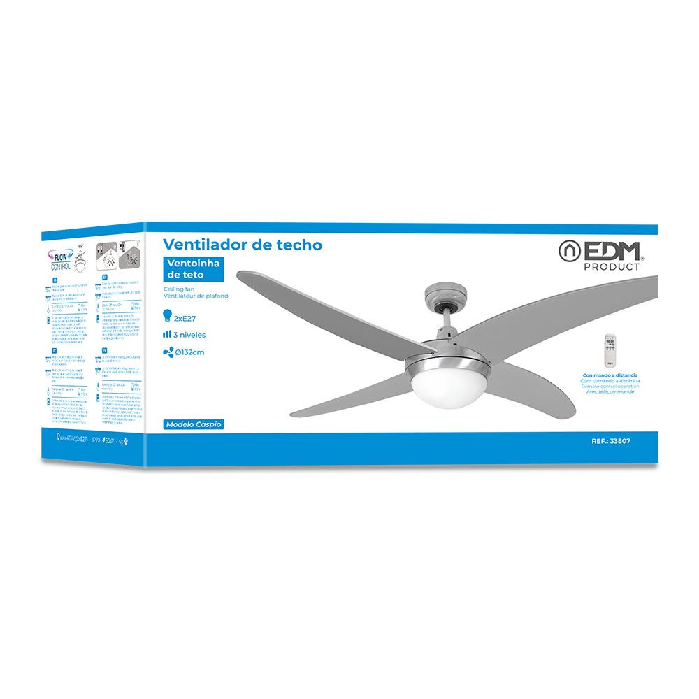 Ventilador de teto modelo Cáspio. cor prata/níquel. potência: 60w lâminas: ø132cm com controle remoto edm - Image 4