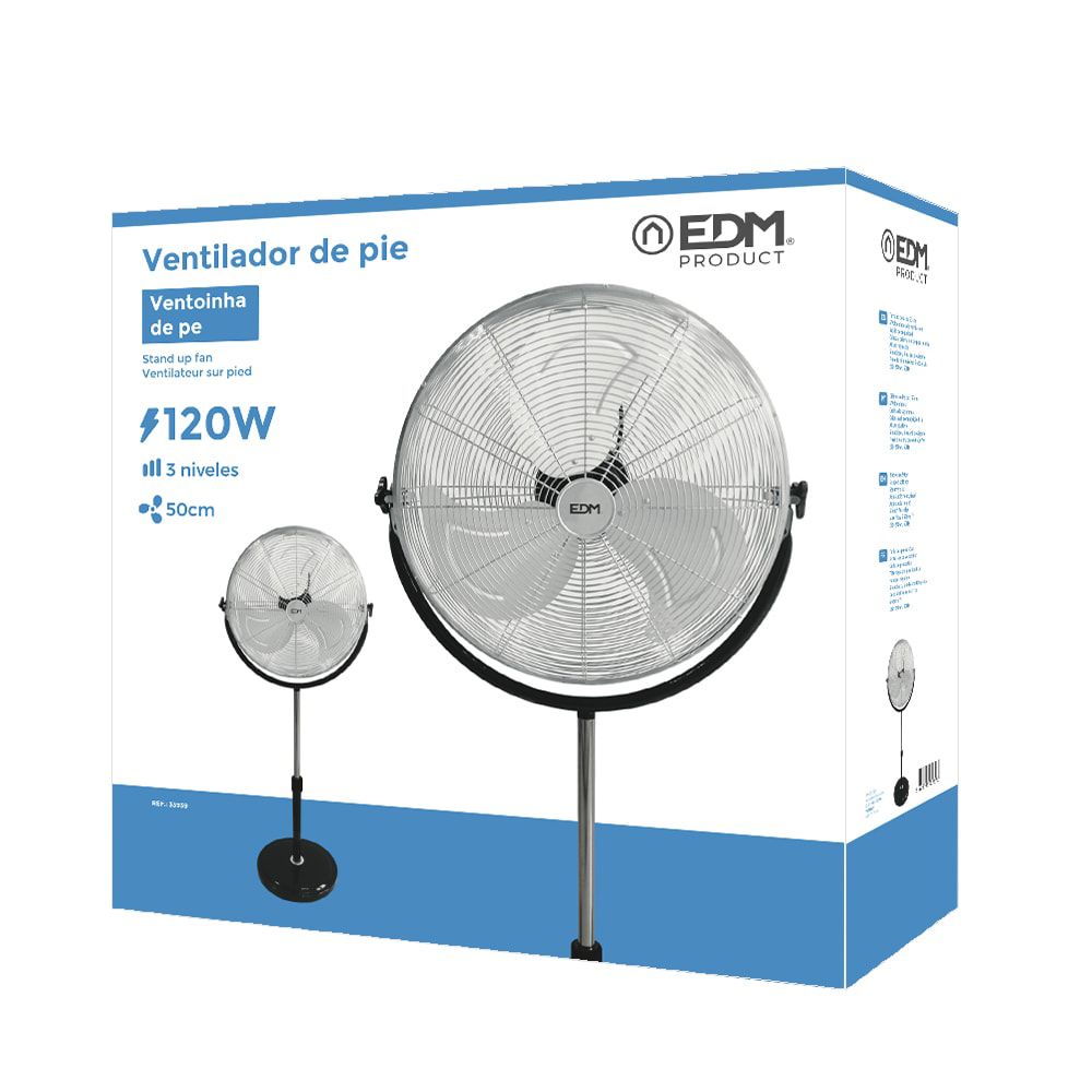 Ventilador de pie industrial base circular, cromado/negro, potencia 120 w, 64,9 db, aspas ø50 cm, altura regulable 118-148 cm - Image 3