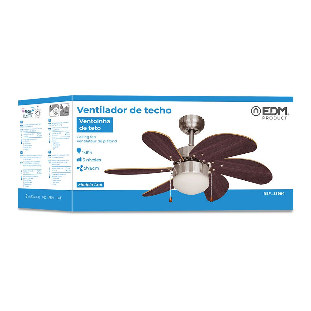 EDM Ventilador de teto modelo Aral. cor wengé/níquel acetinado. potência: 50w lâminas: ø76cm edm - Image 4