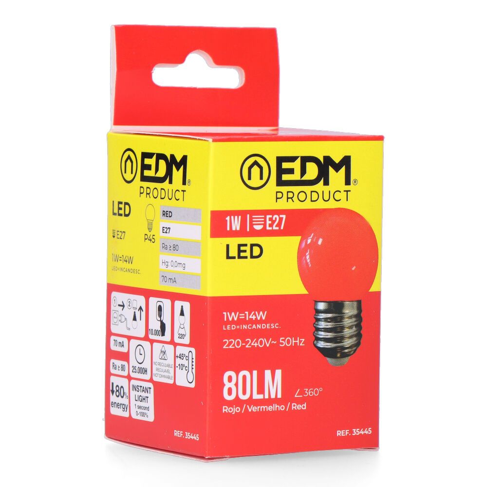 Lâmpada esférica LED E27 1W 80lm LUZ vermelha Ø45x69 mm EDM - Image 3