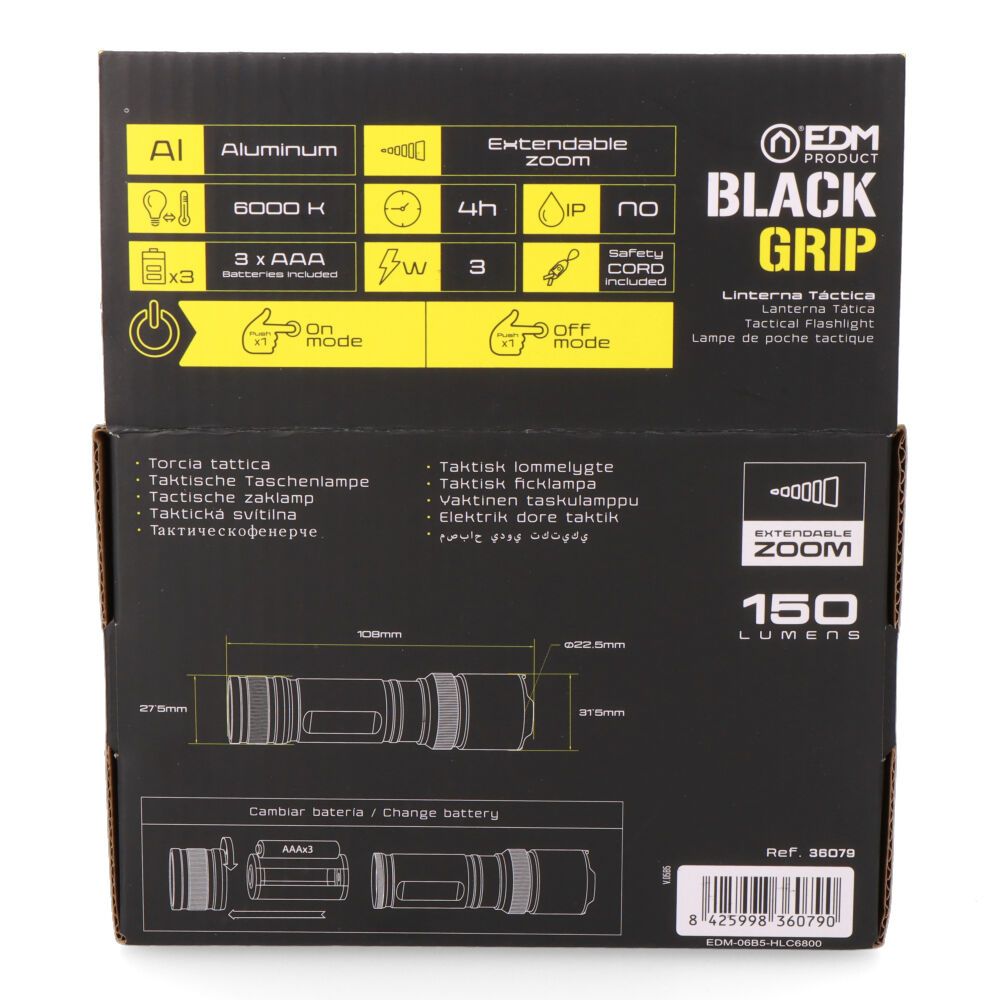 Lanterna LED tática black grip, alumínio, com zoom, 3 x AAA (incluído) 150 LM - Image 8