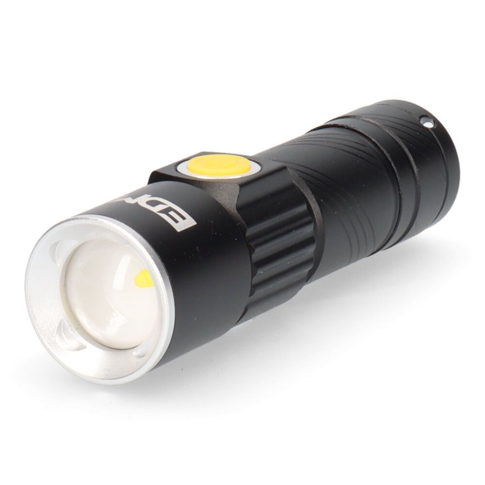 Mini lanterna com zoom 1 LED 120Lm/40Lm/ flash 9.000K recarregável com USB.