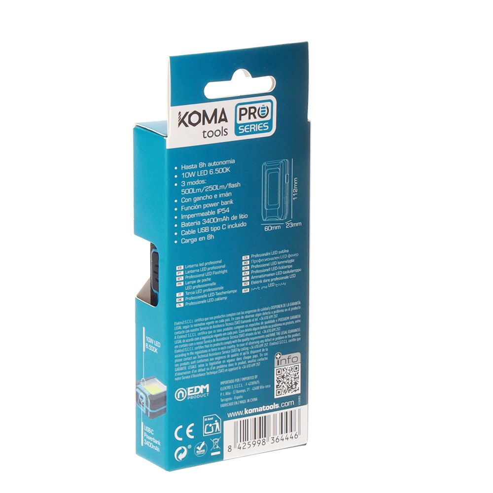 KOMA TOOLS Lanterna LED Cob 10 w 500 lm profissional, recarregável, com gancho + íman, função power bank, 60 x 23 x 112 mm - Image 9