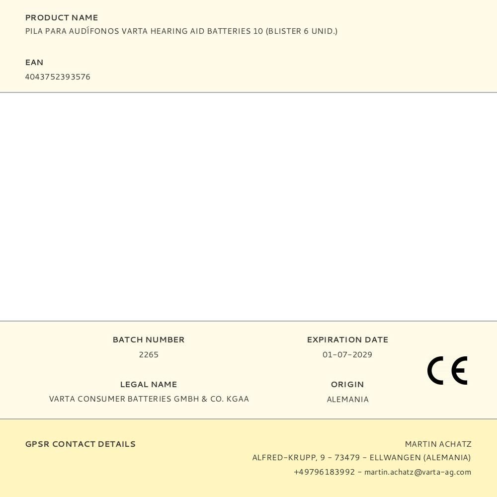 Bateria para aparelhos auditivos Varta 10 (blister 6 unidades) - Image 2