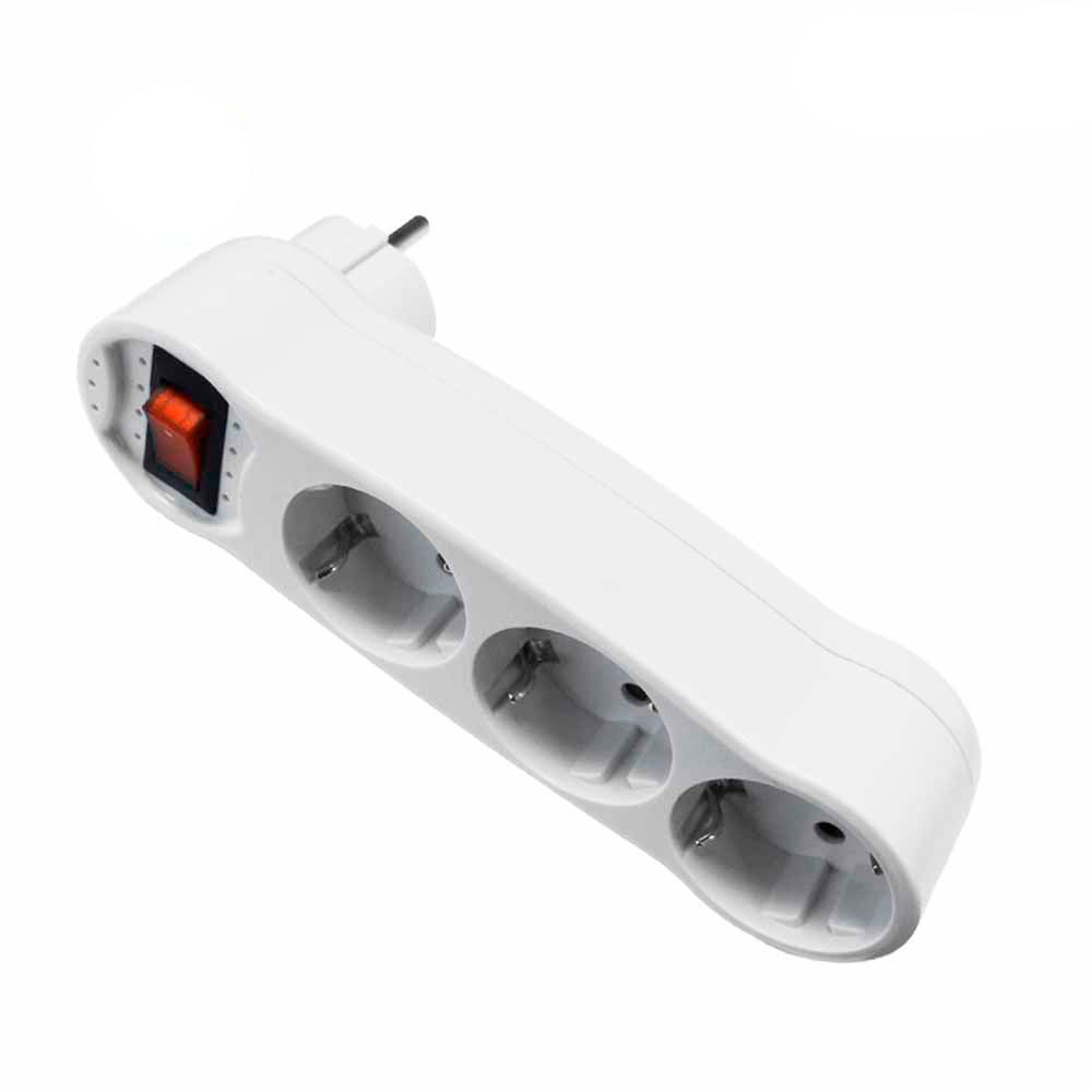 Adaptador triplo 2P+T, 16A 250V~ com interruptor luminoso, entrada frontal, branco (retrácido) (embalado em película)