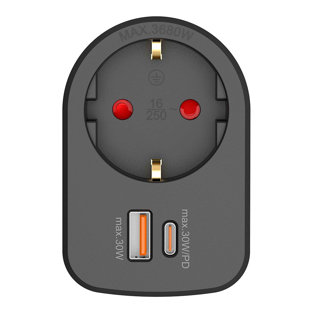 Adaptador combi 30 W USB a + C + 1 tomada schuko, 16 a 250 v~, preto