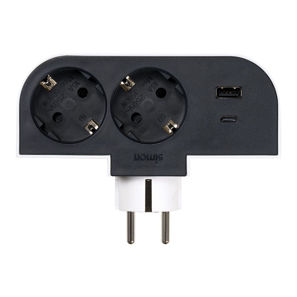 Adaptador giratório schuko 2 tomadas + USB A+C 30 W 16 a 250 v~