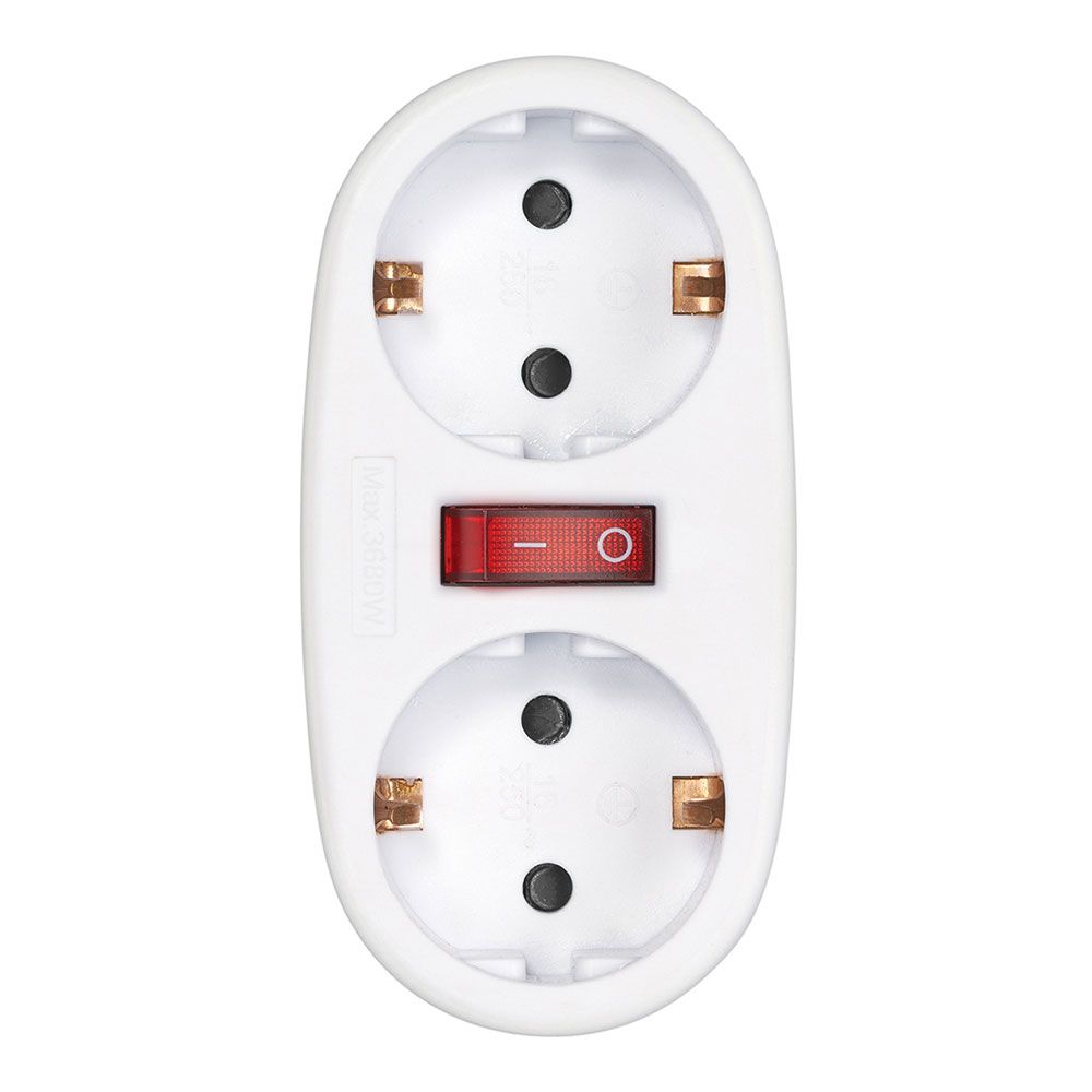Adaptador de 2 tomadas schuko frontal com interruptor, 16 a 250 v~, branco