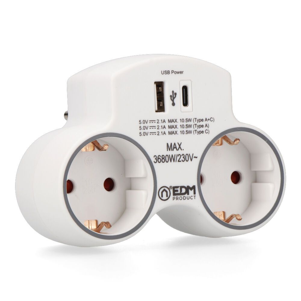 Adaptador com 2 tomadas 2P+T schuko e 2 USB (A+C), branco
