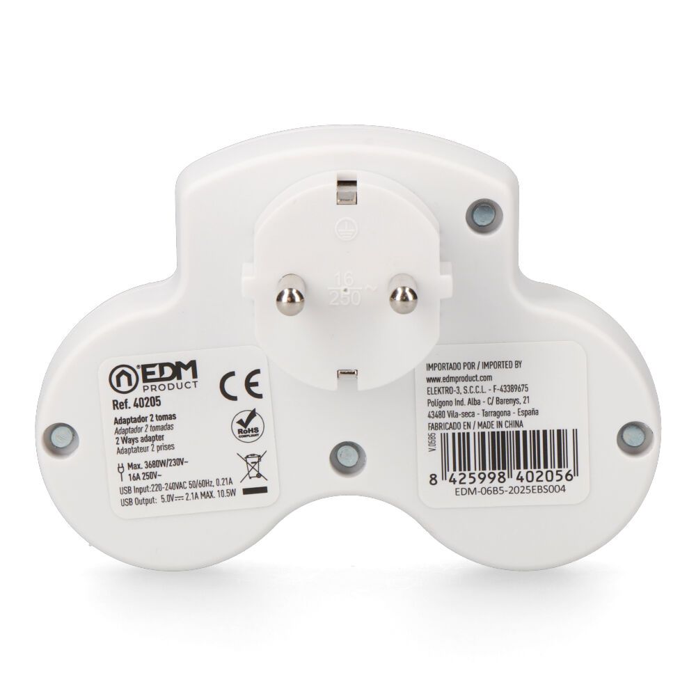 Adaptador com 2 tomadas 2P+T schuko e 2 USB (A+C), branco - Image 3