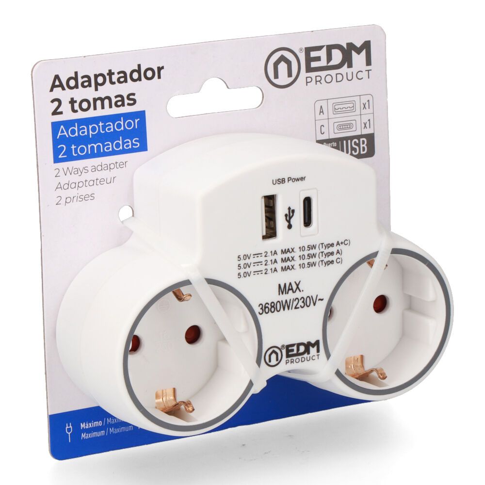 Adaptador com 2 tomadas 2P+T schuko e 2 USB (A+C), branco - Image 4