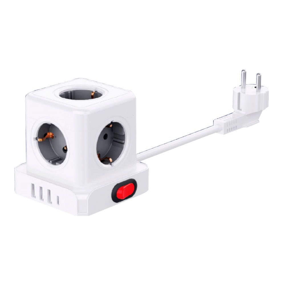 Base aérea 5 tomadas schuko 2P+T com interruptor 16 a 3680 W 250 v~ + 4 USB 3,1A (3 A+1 c), cabo de 1,5 m, branca