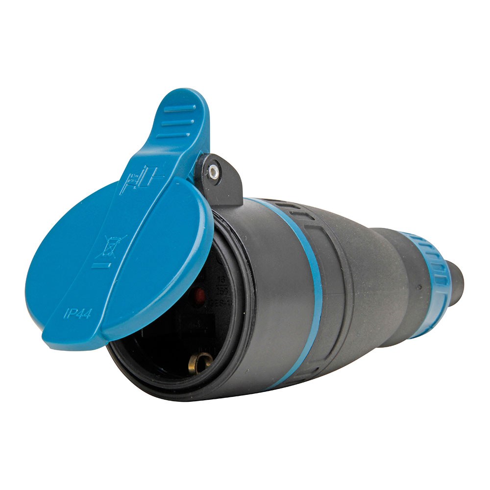 Ficha fêmea bipolar com T/T e tampa azul 16A 250 V, IP44, preta, máx. 3 x 1,5 mm²