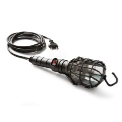 Lâmpada portátil com abajur 60 w 250 v e27, cabo de borracha preto, cabo de 5 m, interruptor e gancho, em saco