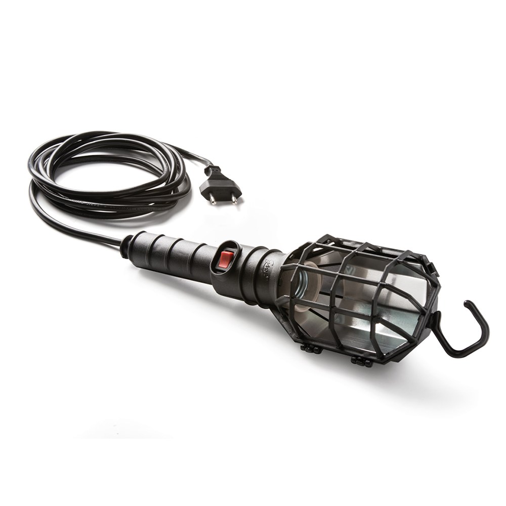 Lâmpada portátil com abajur 60 w 250 v e27, cabo de borracha preto, cabo de 5 m, interruptor e gancho, em saco