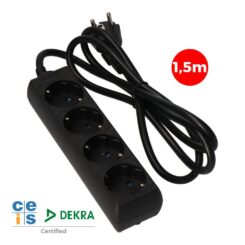 Base múltipla, 4 bases schuko 2P+E, cabo de 1,5 m H05VV-F 3G1,5 mm² 16A 250V~ 3680 W, preta