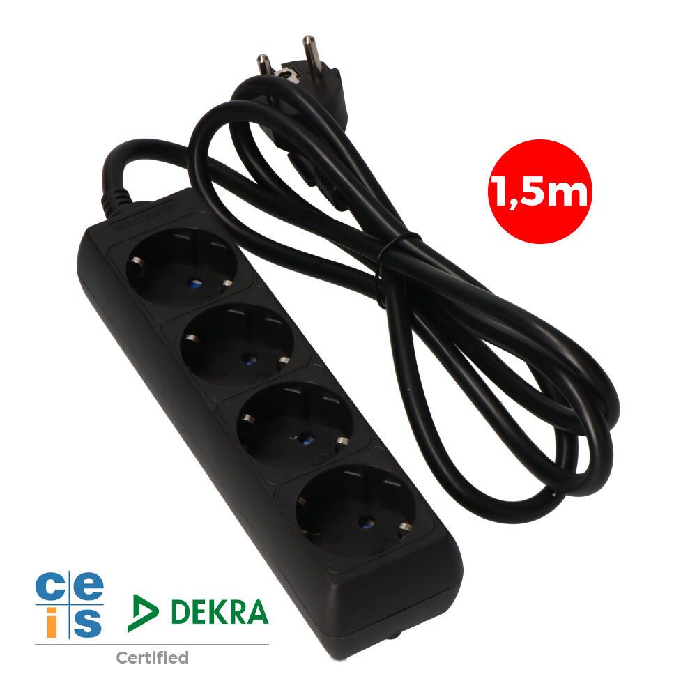 Base múltipla, 4 bases schuko 2P+E, cabo de 1,5 m H05VV-F 3G1,5 mm² 16A 250V~ 3680 W, preta