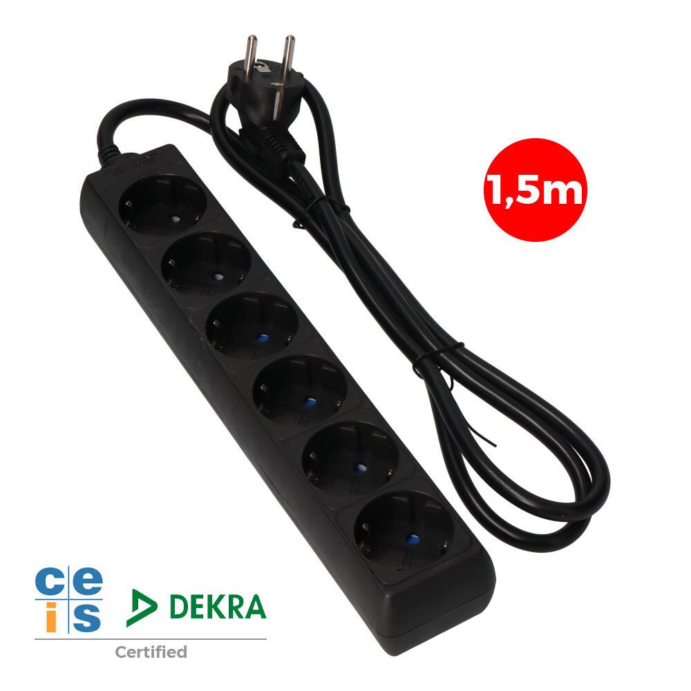 Base múltipla, 6 bases schuko 2P+E, cabo de 1,5 m H05VV-F 3G1,5 mm² 16A 250V~ 3680 W, preta