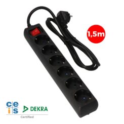 Base múltipla de 6 bases 2P+E com interruptor iluminado, cabo de 1,5 m H05VV-F 3G1,5 mm², 16A 250V~, preta