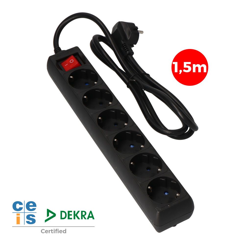Base múltipla de 6 bases 2P+E com interruptor iluminado, cabo de 1,5 m H05VV-F 3G1,5 mm², 16A 250V~, preta