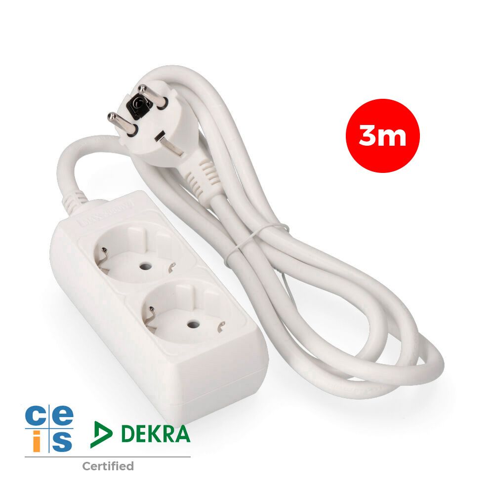 Base múltipla, 2 bases schuko 2P+E, cabo de 3 m H05VV-F 3G1,5 mm² 16A 250V~ 3680 W, branca