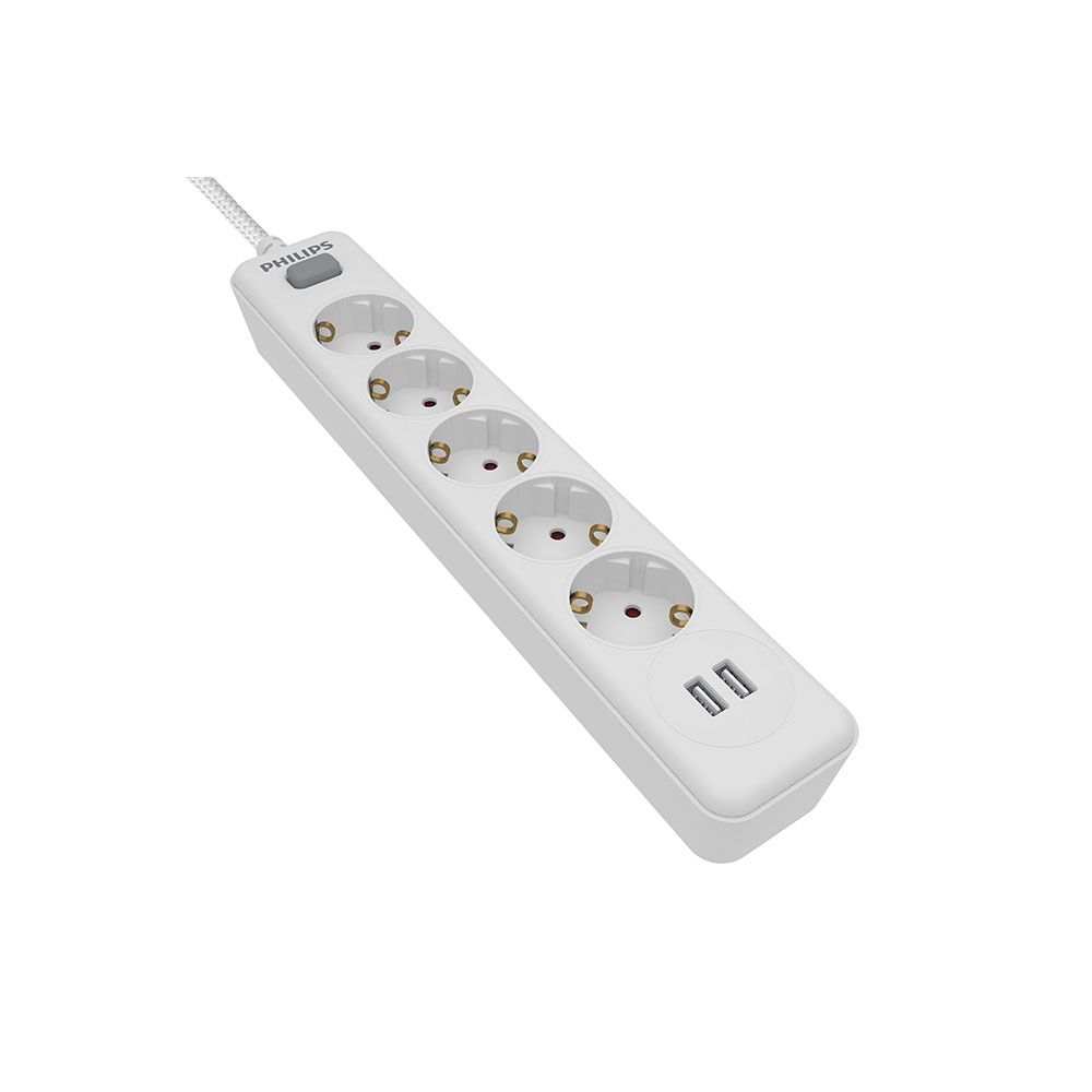 Base múltipla 5 bases schuko, interruptor, 2 portas USB tipo a, cabo de 2 m, 16 a 230 v~, branca