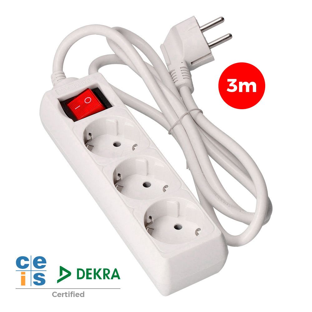 Base múltipla de 3 saídas 2P+E com interruptor iluminado, 3M de cabo H05VV-F 3G1,5 mm², branca