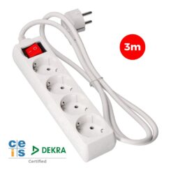 Base múltipla de 4 saídas 2P+E com interruptor iluminado, 3M de cabo H05VV-F 3G1,5 mm², branca