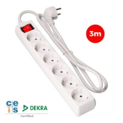 Base múltipla de 6 saídas 2P+E com interruptor iluminado, 3M de cabo H05VV-F 3G1,5 mm², branca