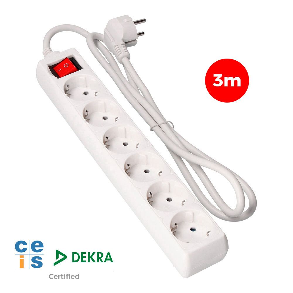 Base múltipla de 6 saídas 2P+E com interruptor iluminado, 3M de cabo H05VV-F 3G1,5 mm², branca