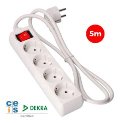 Base múltipla de 4 saídas 2P+E com interruptor iluminado, 5 m de cabo H05VV-F 3G1,5 mm², branca