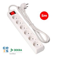 Base múltipla de 6 saídas 2P+E com interruptor iluminado, 5 m de cabo H05VV-F 3G1,5 mm², branca