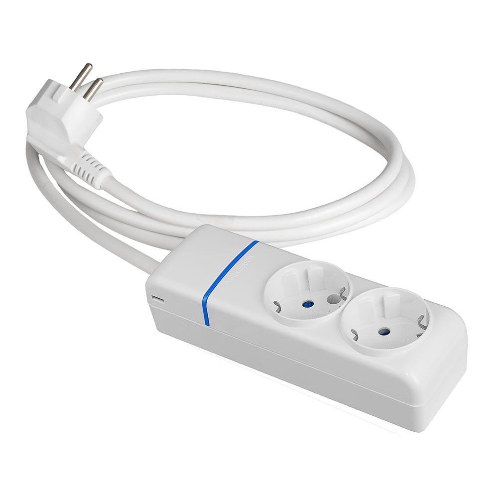 Tomada múltipla com 2 tomadas 2p+e 1,5 m de cabo h05vv-f 3g1,5 mm², 16 a 250 v 3680 w, branca IP20, com furos para fixação com parafuso na parede e furos para fixação com flanges de tubo, policarbonato, série íon, branco