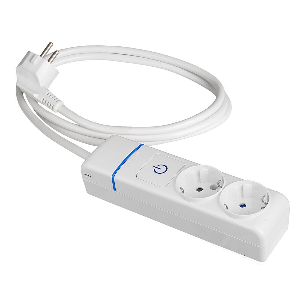 Base múltipla com 2 tomadas 2p+t, com interruptor iluminado, cabo h05vv-f 3g1,5 mm² de 1,5 m, branco